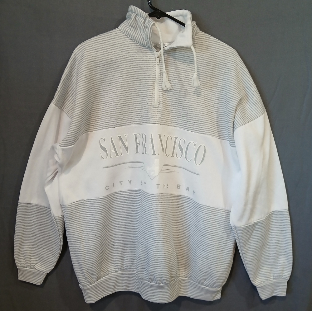 Vintage San Francisco Sweater XL Men  Striped Pullover White Gray Zipper.